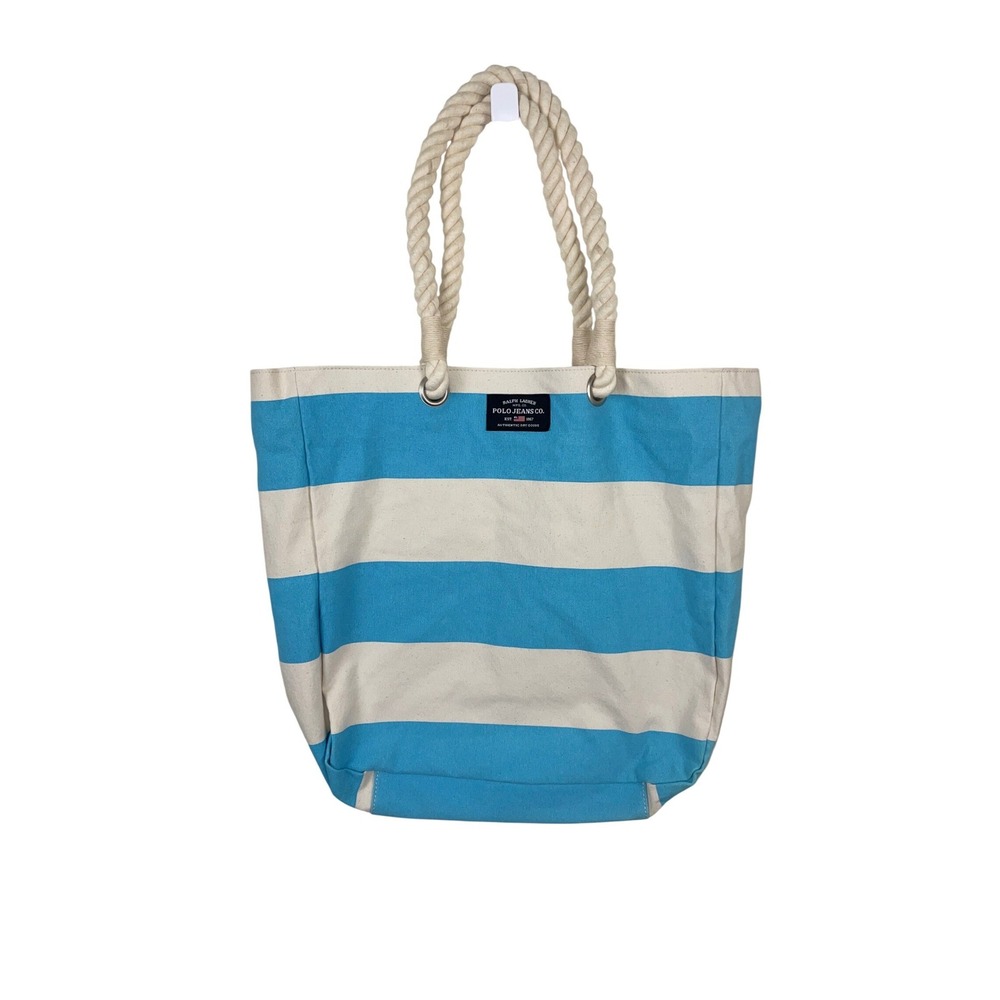 Ralph Lauren Polo Jeans Nautical Striped Canvas Tote Bag Blue White Rope Handle
